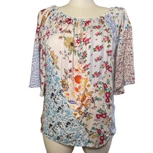 Paani Patchwork Floral Boho Off Shoulder Blouse Top Women's Size L